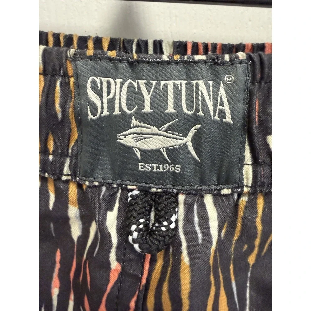 Men's Spicy Tuna Swim Trunks Boardshorts Large Black Striped Lined Pockets Beach